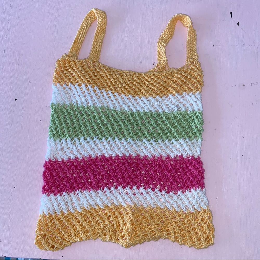 Handmade Crochet Beach Bag Tote Bag Fruit Open Knit Orange Pink Green Striped